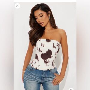 Fashion Nova Strapless Brown and White cow western top